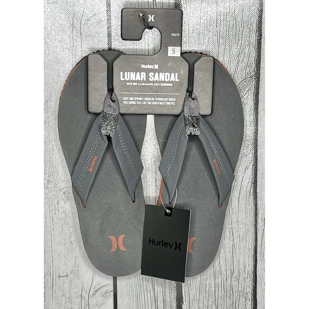 Hurley Lunar Sandals Black Grey Youth Size 5Y‎ BQ3186‑021 Flip Flops Beach